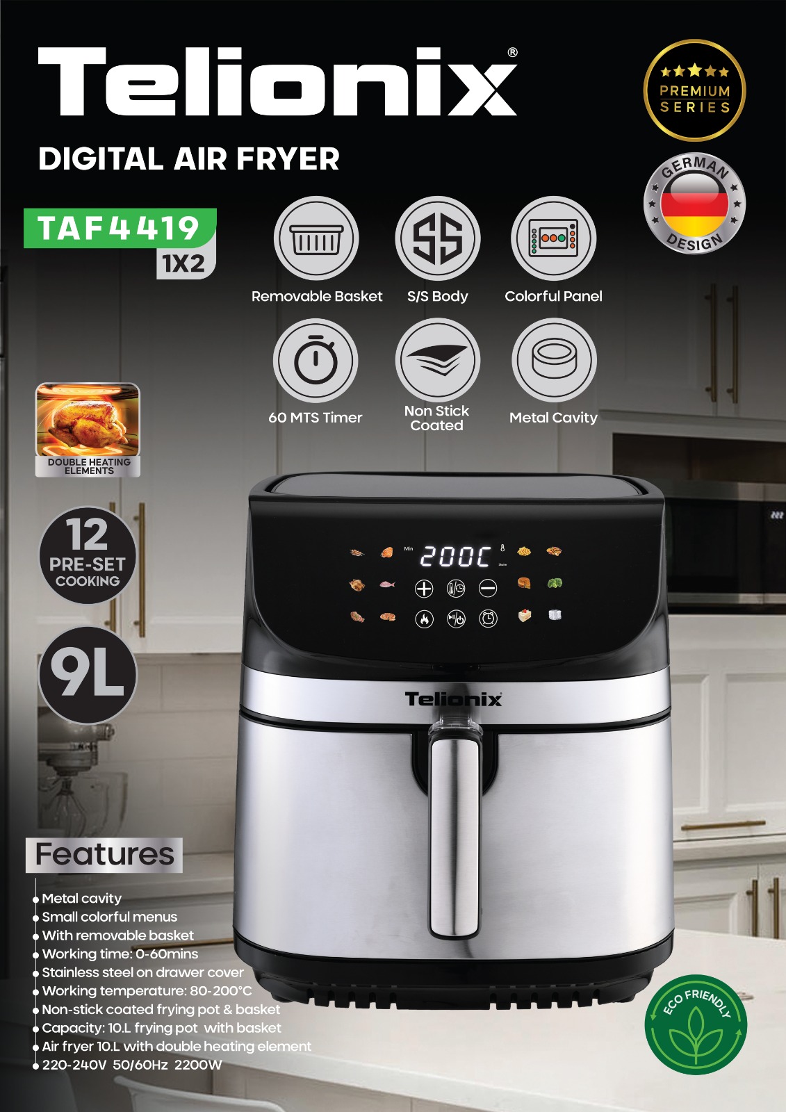 سرخ کن بدون روغن 9 لیتری   دو المنت تلیونیکس مدل TAF4419