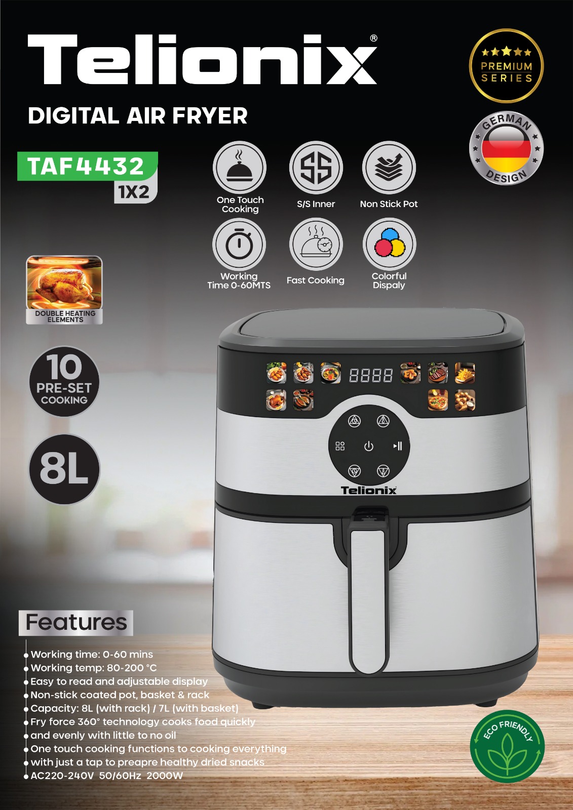 سرخ کن بدون روغن 8 لیتری   دو المنت تلیونیکس مدل TAF4432