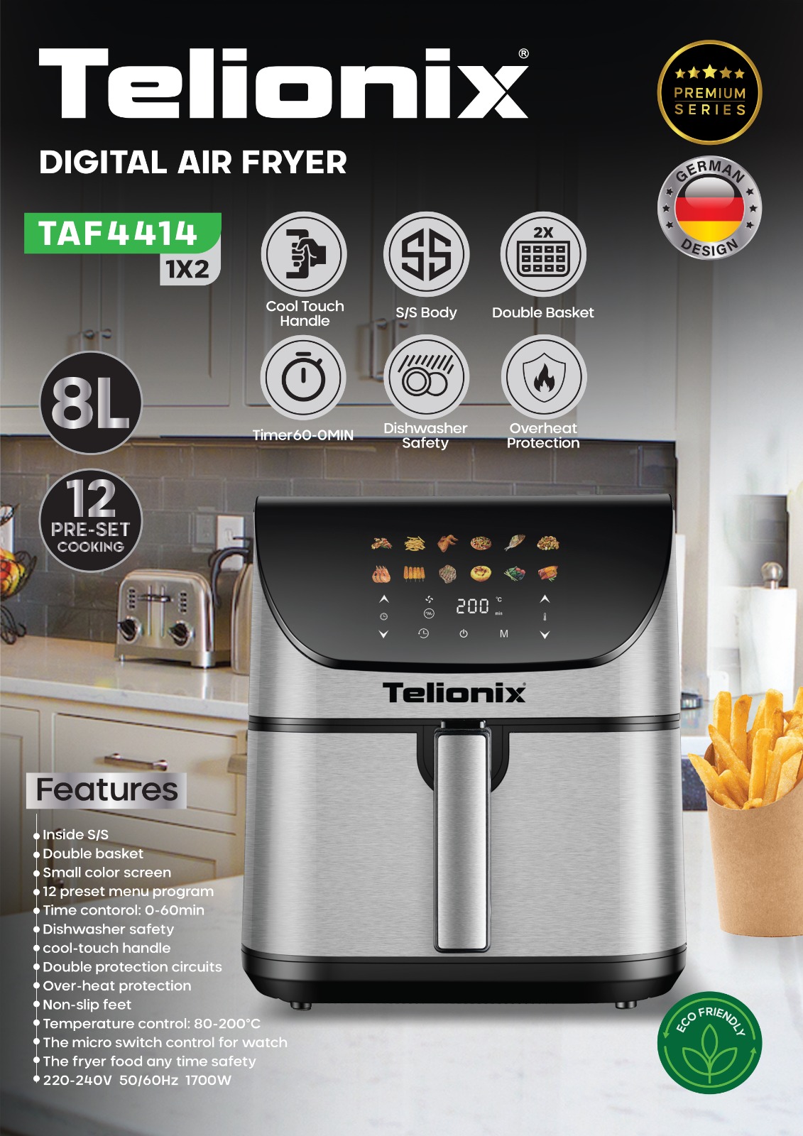 سرخ کن بدون روغن 8 لیتری   دو المنت تلیونیکس مدل TAF4414