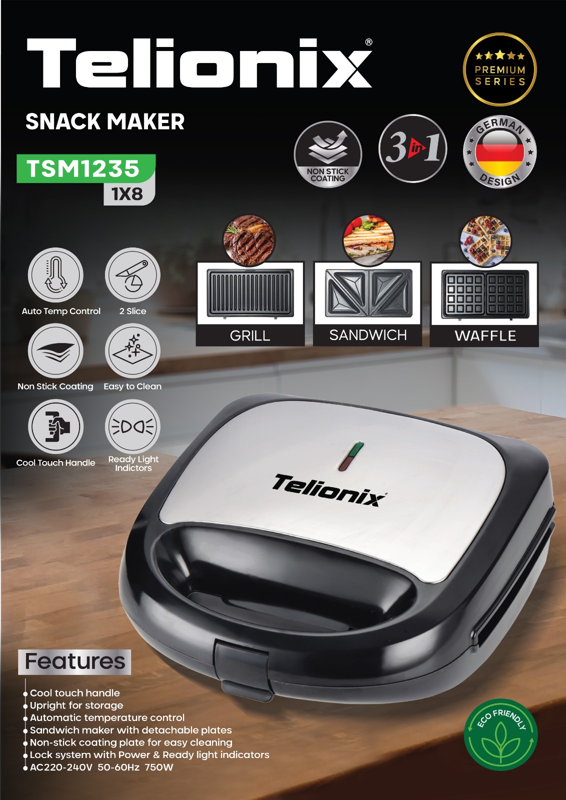 ساندویچ میکر 3  کاره دو عددی  تلیونیکس مدل TSM 1235