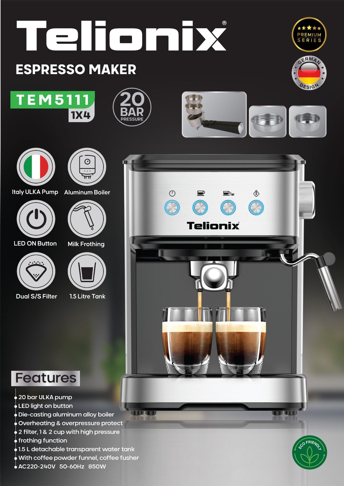 اسپرسوساز تلیونیکس 20 بار مدل TEM5111