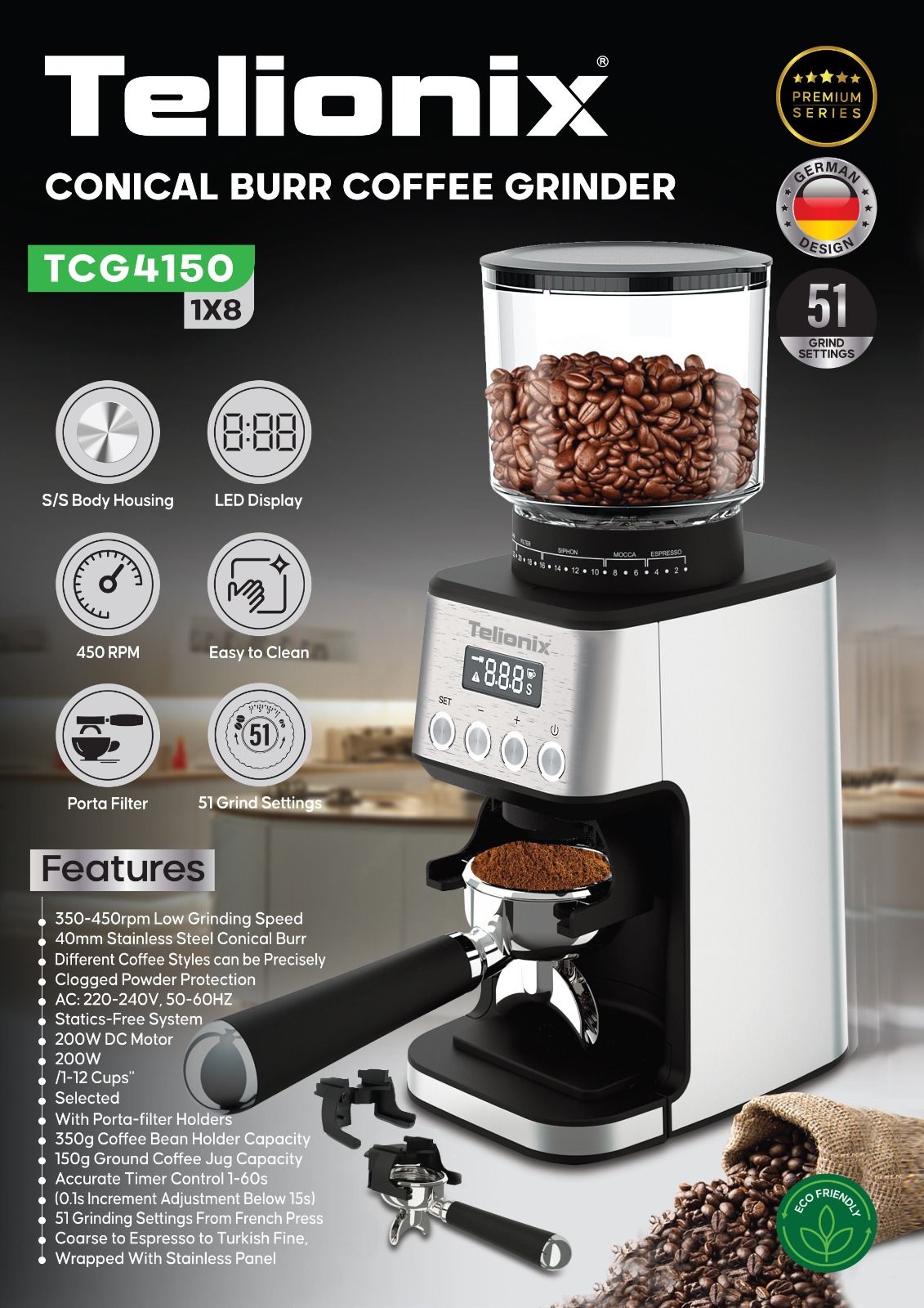 آسیاب قهوه تلیونیکس مدل TCG4150