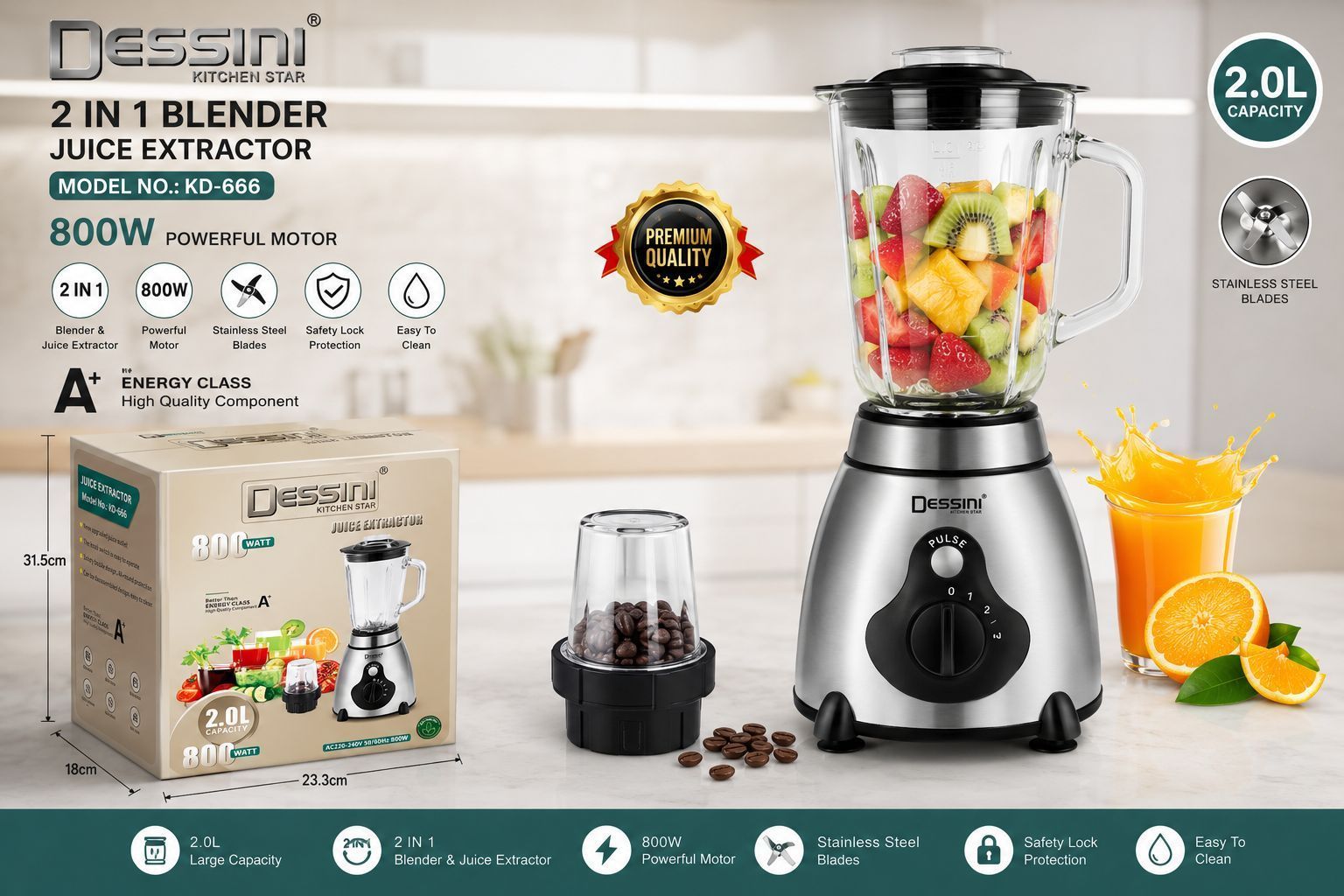 مخلوط کن و آسیاب ۲ کاره دسینی مدل KD666 با کاسه شیشه