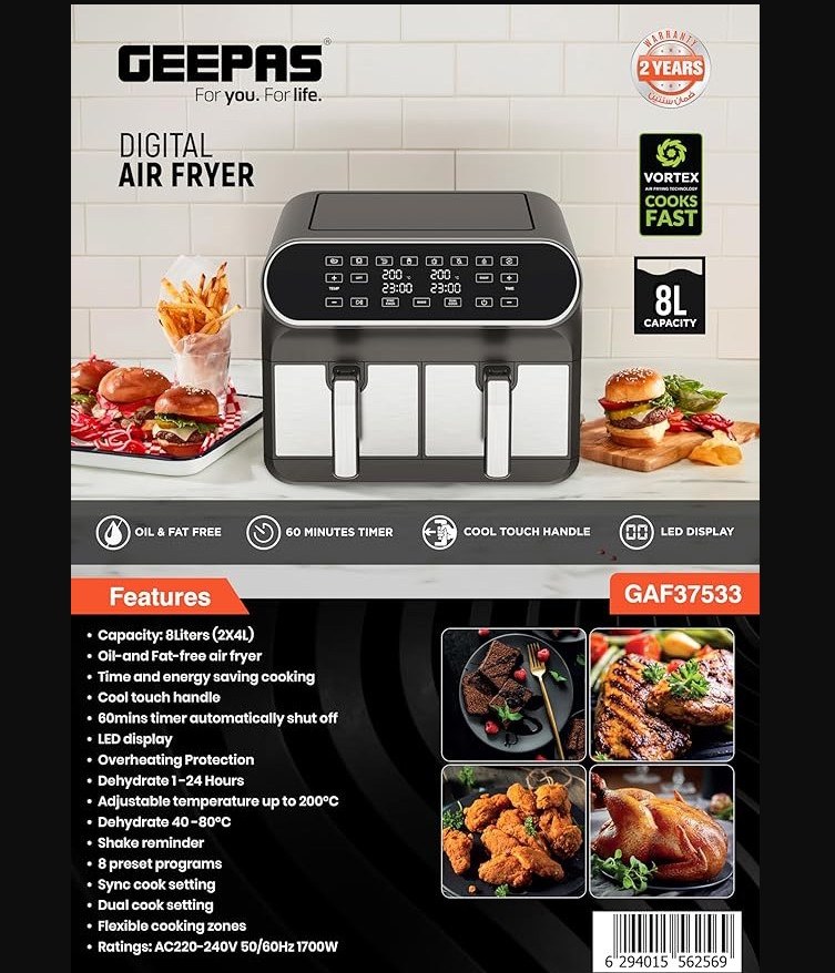 سرخ کن بدون روغن جیپاس مدل GAF-37533 ظرفیت 8 لیتری