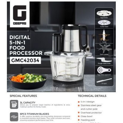 غذاساز دیجیتال ۵ کاره جیپاس مدل GMC42034 ظرفیت ۳ لیتر